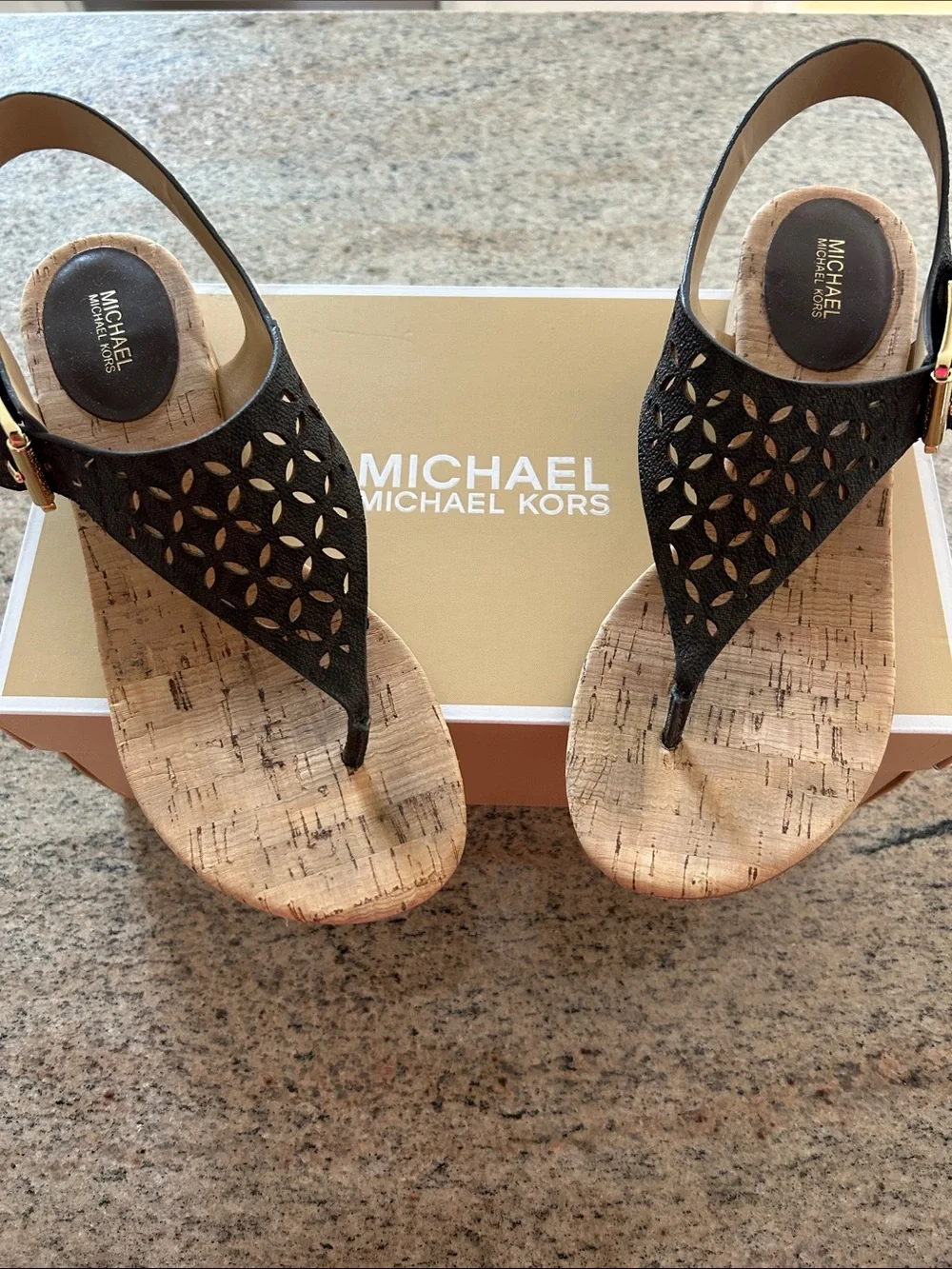 Michael Kors Black Laser-Cut Cork Wedge Thong Sandals